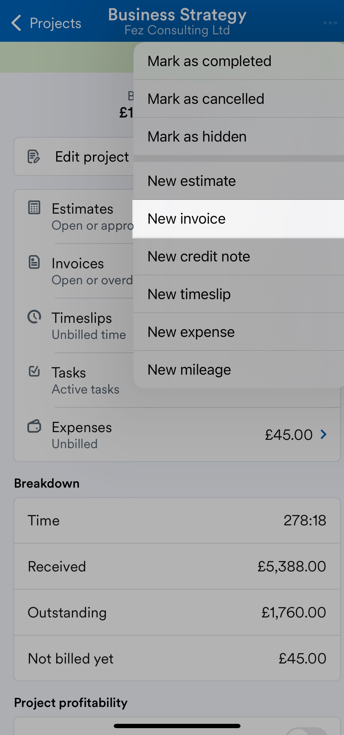 New invoice highlighted from drop-down menu