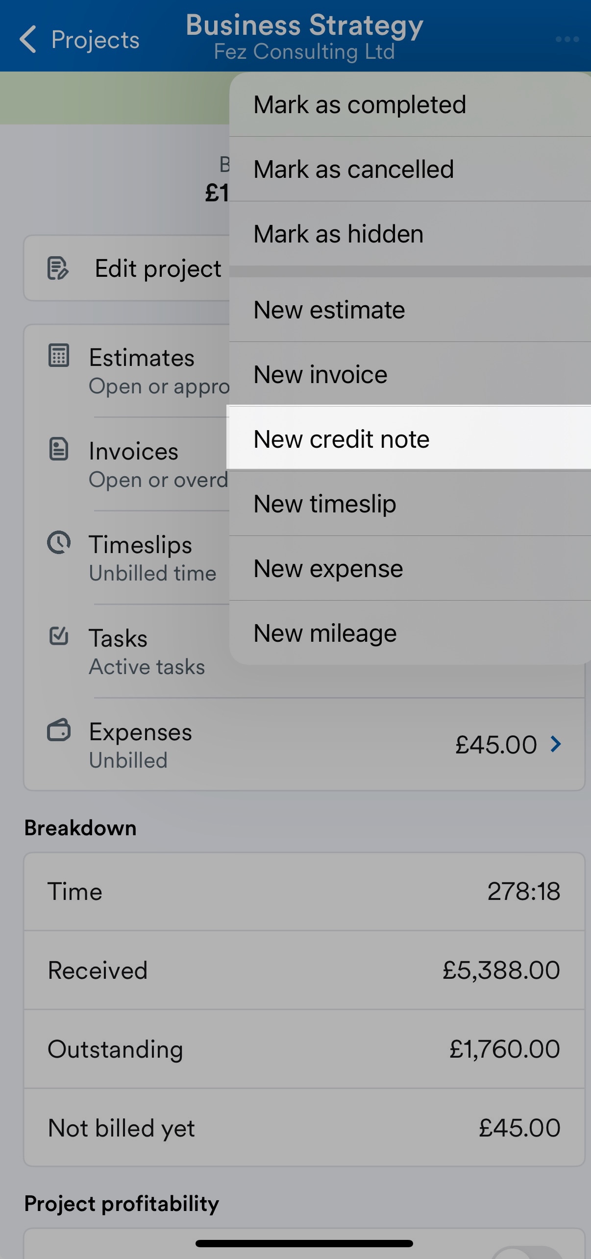 New Credit note highlighted from the drop-down menu