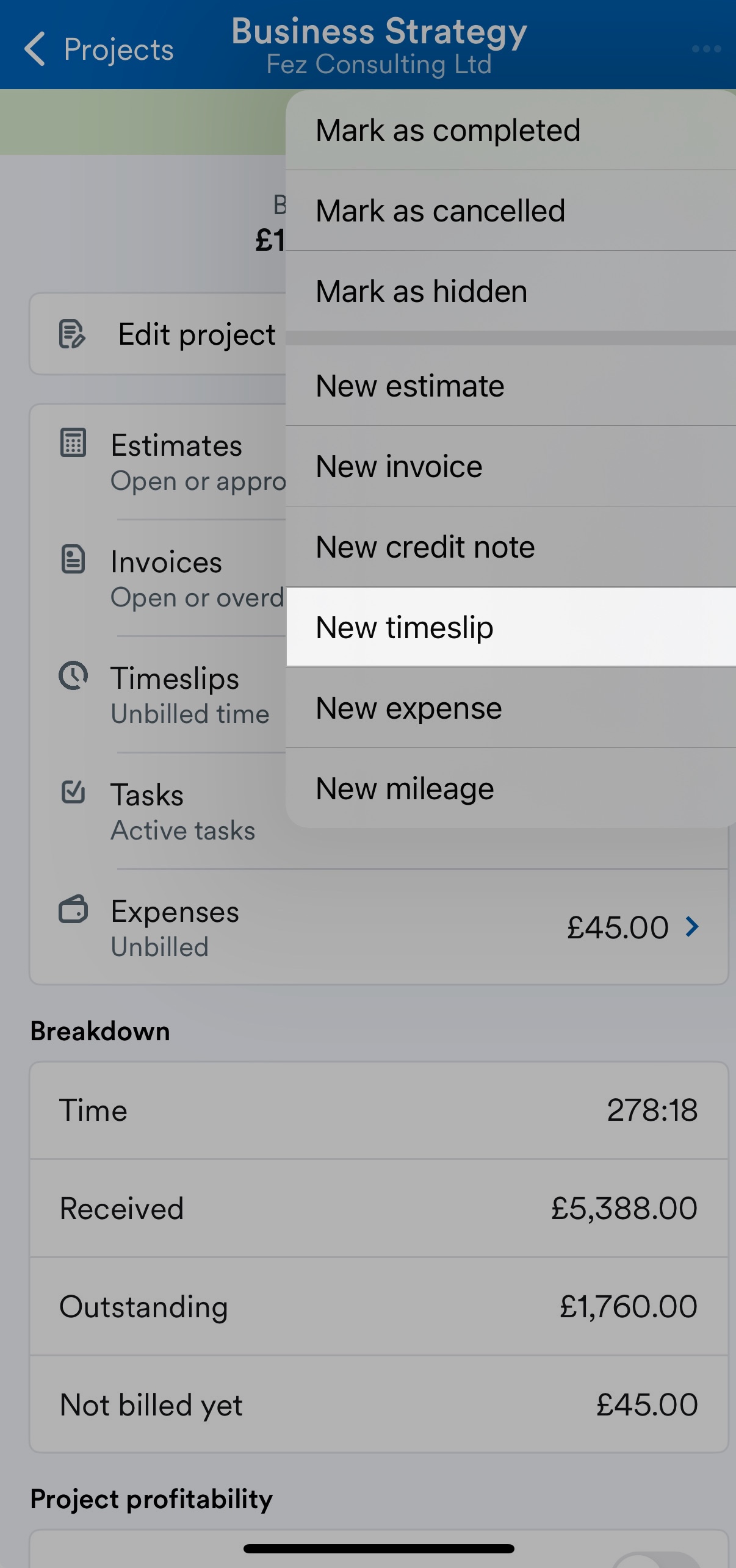 New timeslip highlighted from project drop-down menu