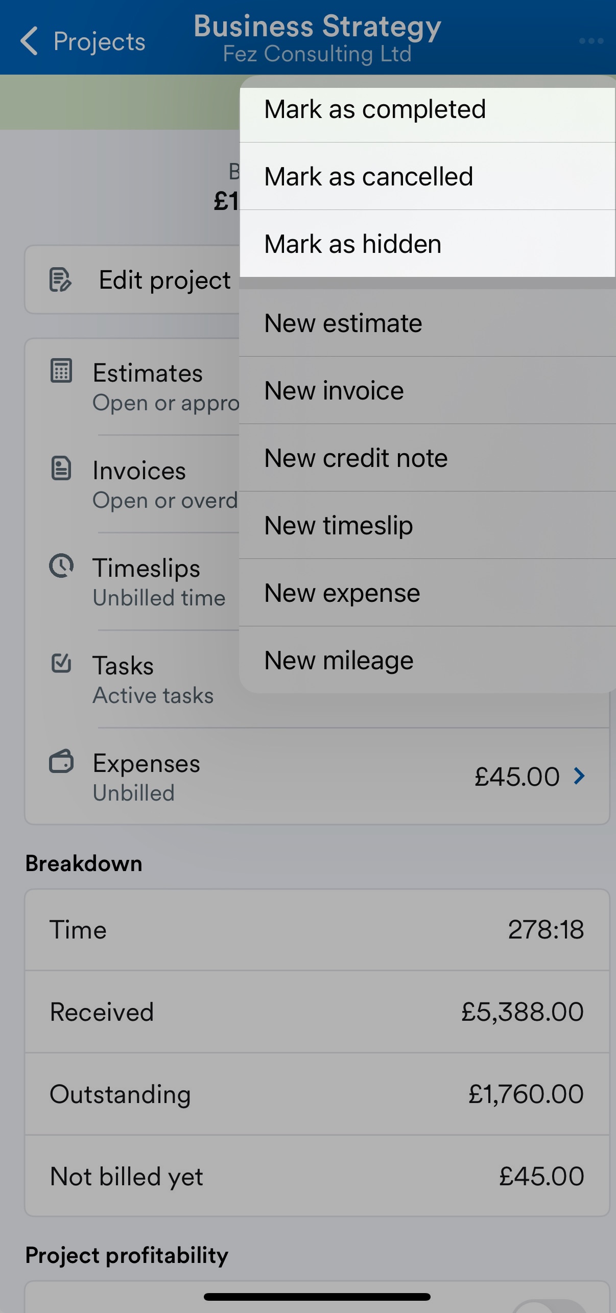 Status options highlighted