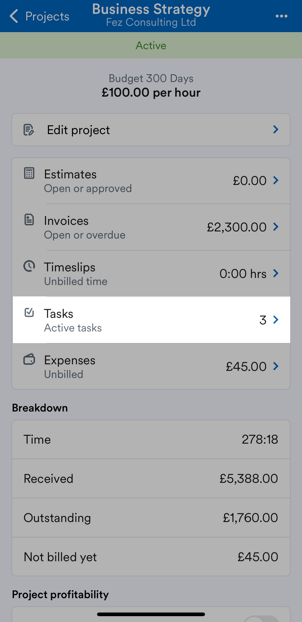 Projects screen with Tasks section highlighted