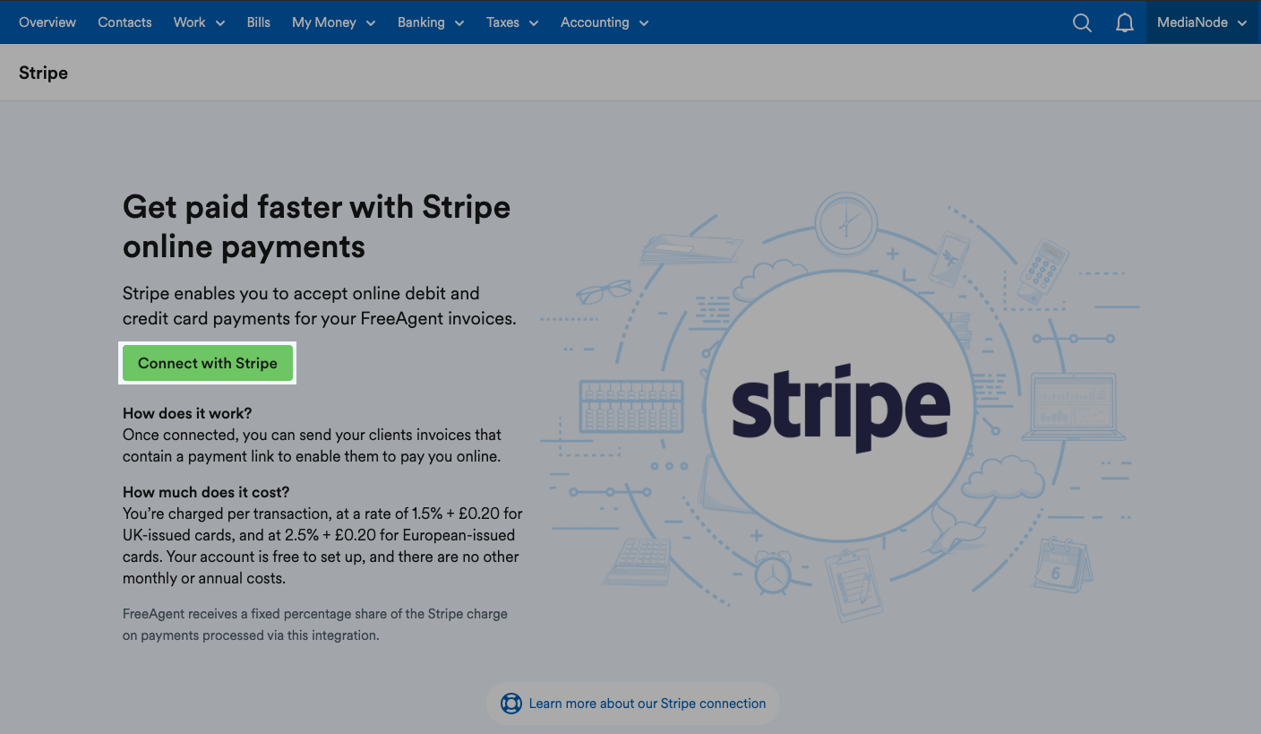 Stripe screen with 'Connect with Stripe' button highlighted.