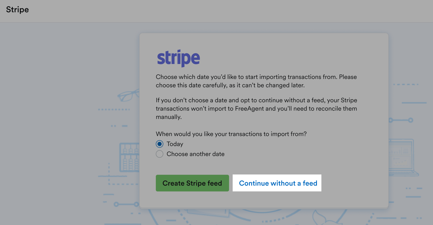 Option to Continue without a Stripe feed highlighted.