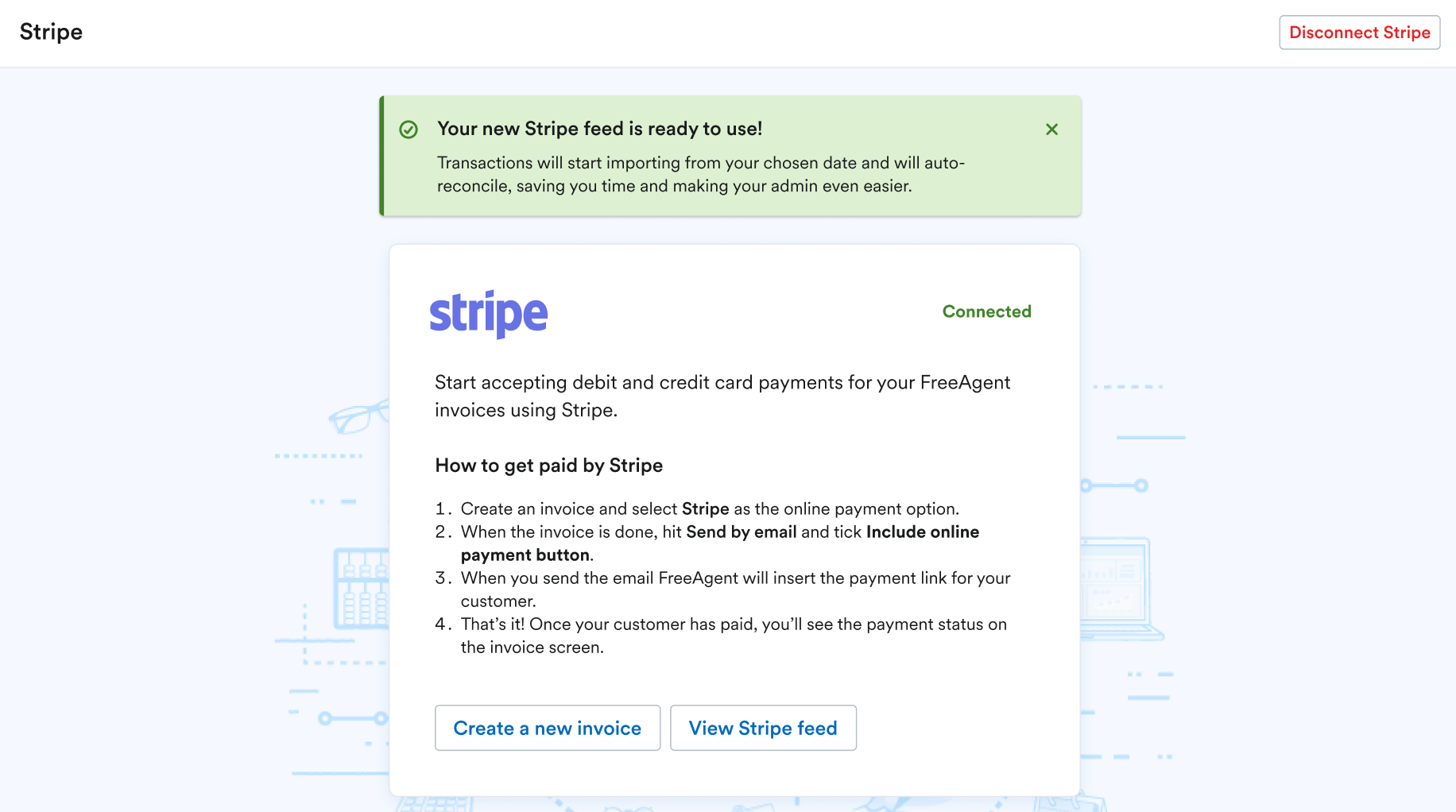 Stripe section in FreeAgent showing the feed has been enabled.