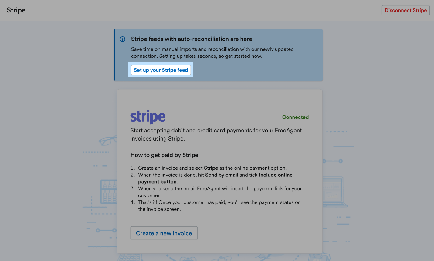 Option to 'Set up your Stripe feed' highlighted.