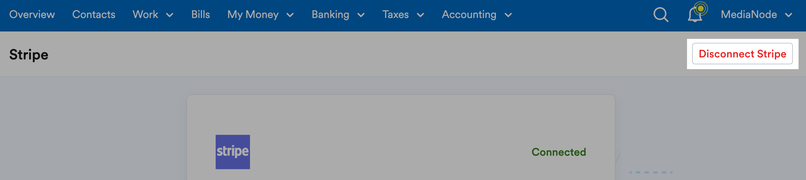 Button to 'Disconnect Stripe' highlighted.