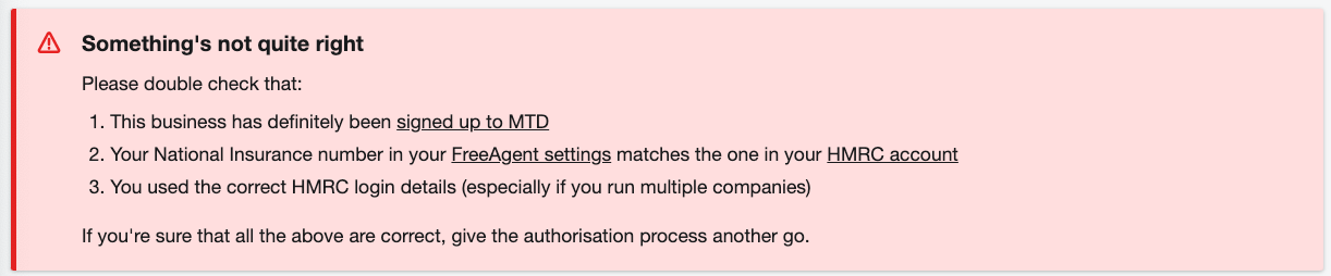 Pop up window telling user 'Something's not quite right' and list of things to check.