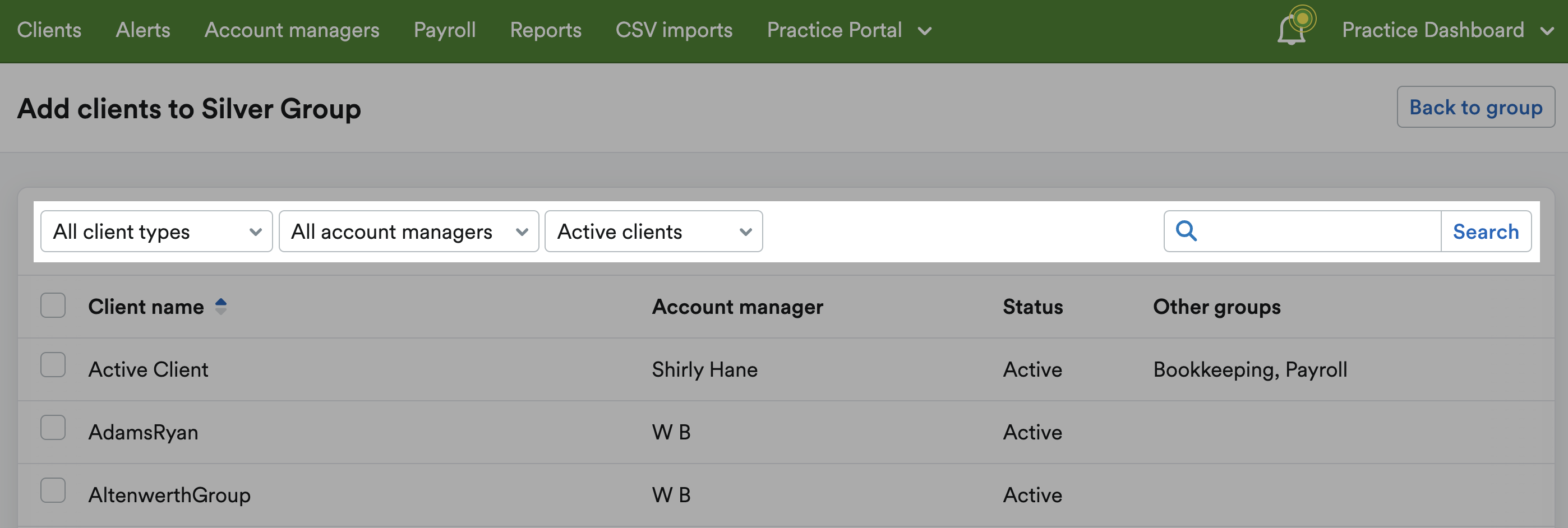 Add clients to Group page with clients listed by filtered options.