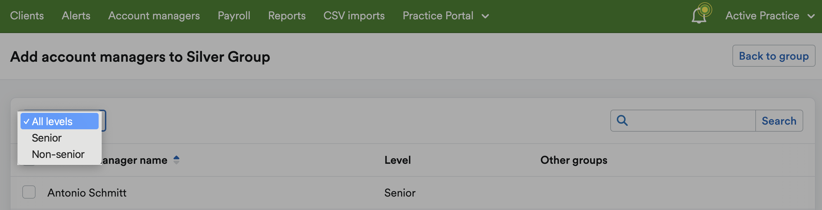 Account manager level drop-down menu with options for 'All levels', 'Senior' and 'Non-senior'.