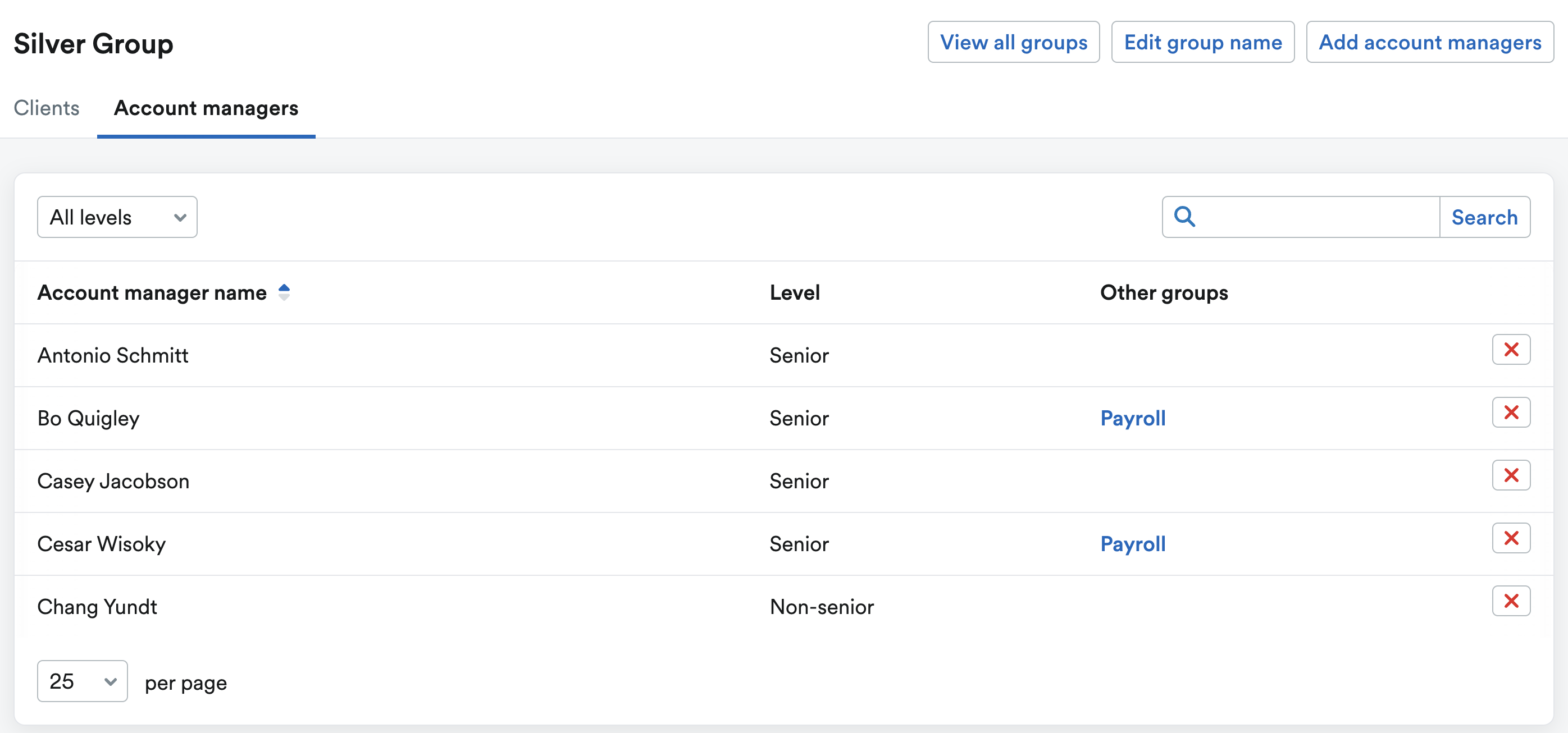 New group page showing managers listed under Account managers tab.