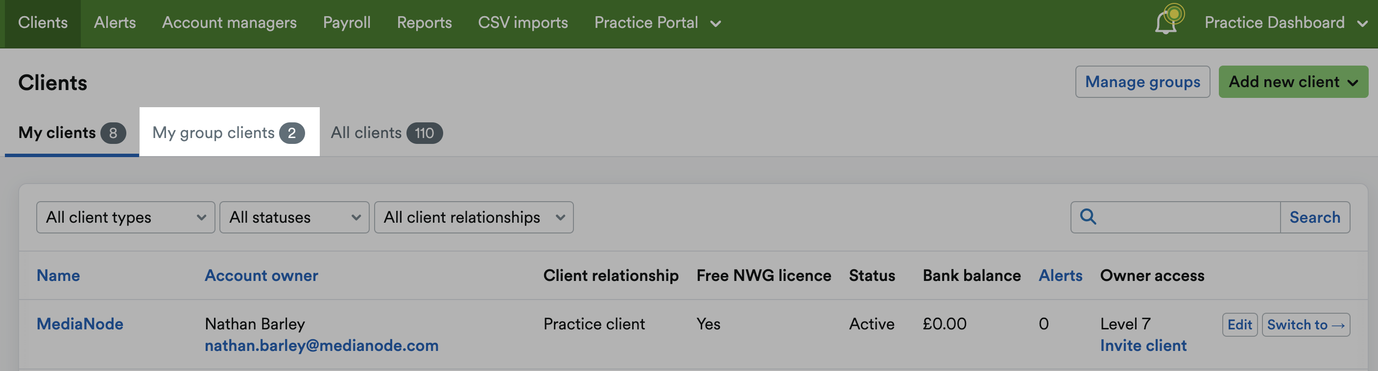 My group clients tab highlighted within Clients area.