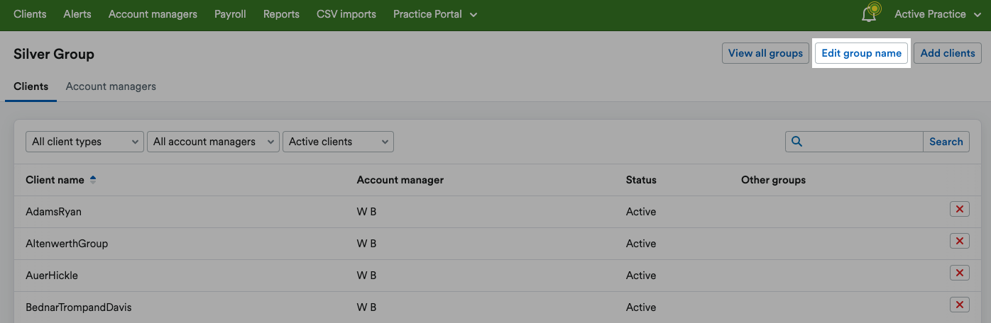 ‘Edit group name’ button highlighted at top of group page.