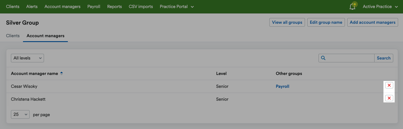Red cross (’x’) button highlighted next to listed account managers.