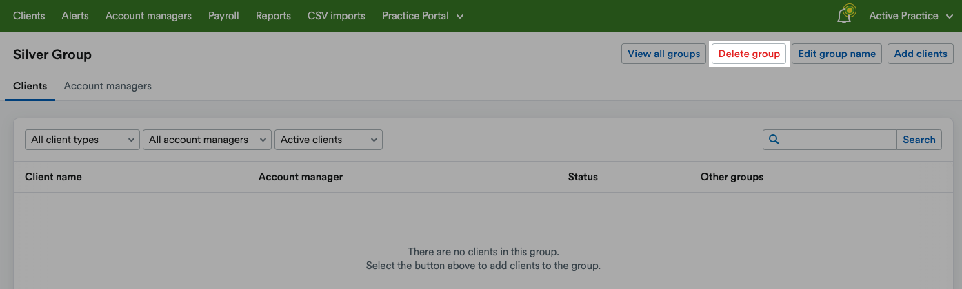 ‘Delete group’ button highlighted at top of group page.