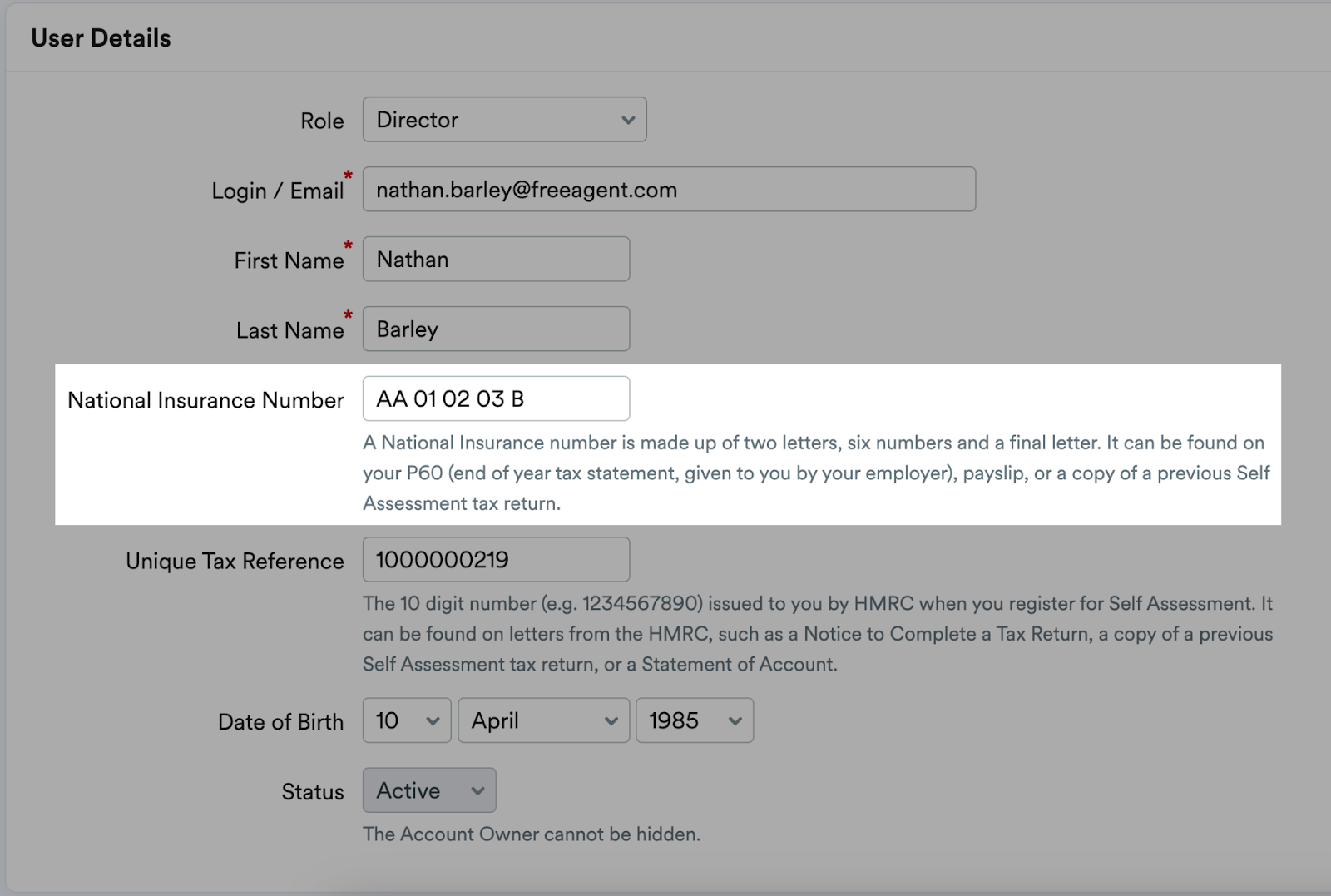 National Insurance Number field highlighted under User Details section.