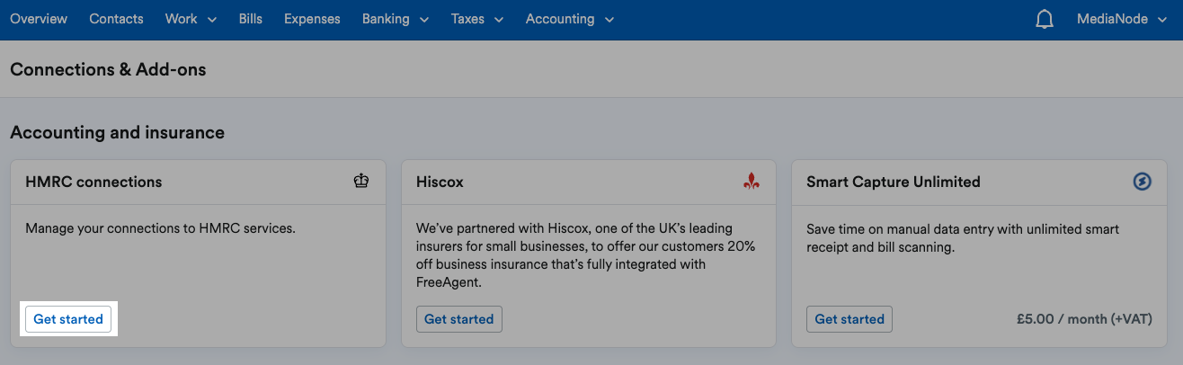 'Get started' button highlighted under HMRC connections section.