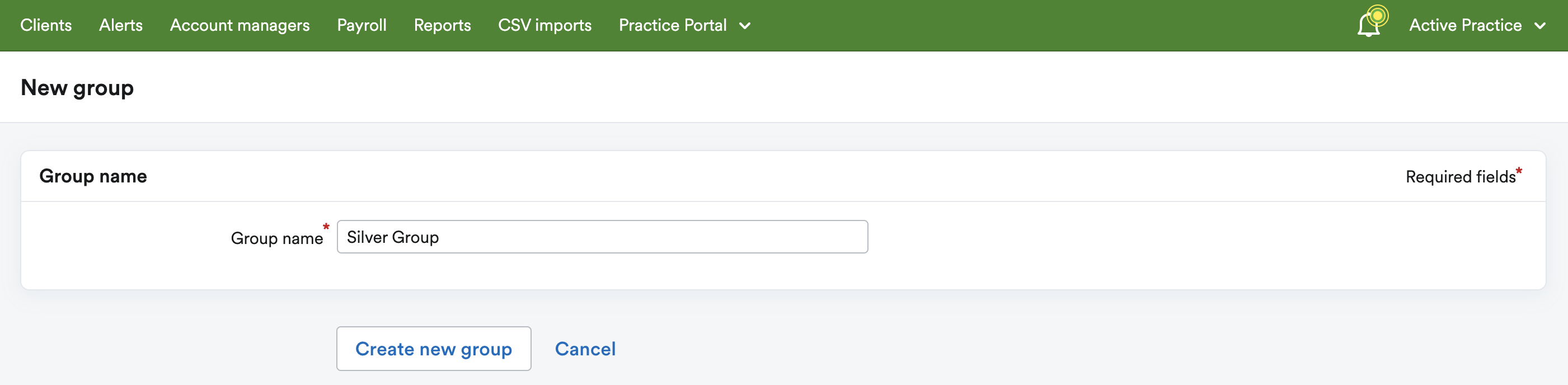 New group page with a field for a new Group name to be input.