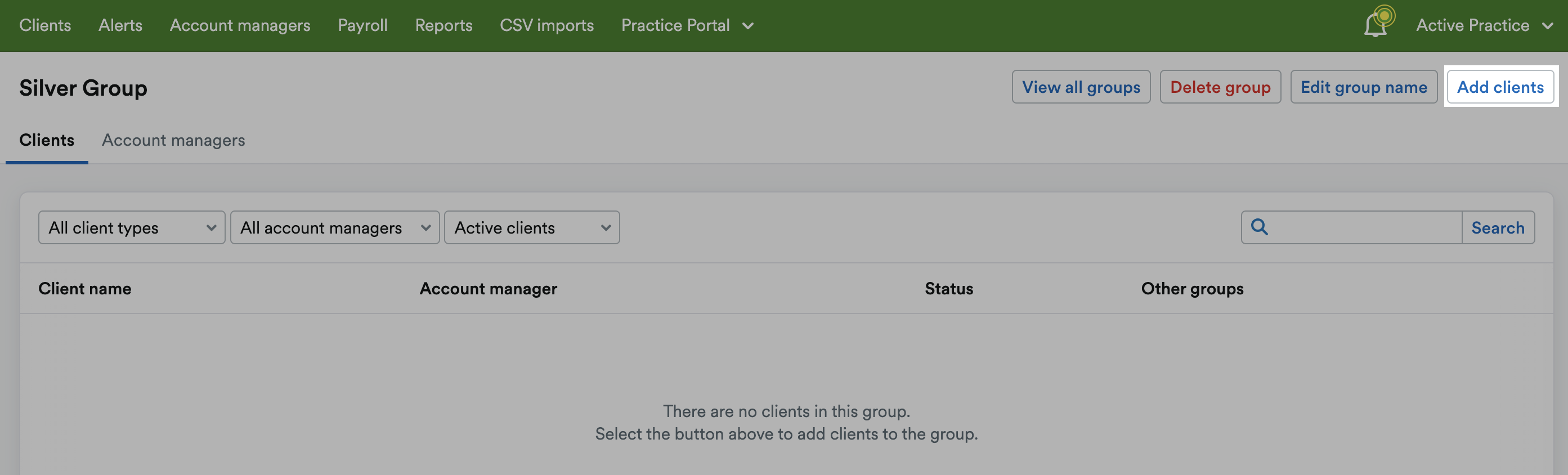 ‘Add clients’ button highlighted at top on new Group page.