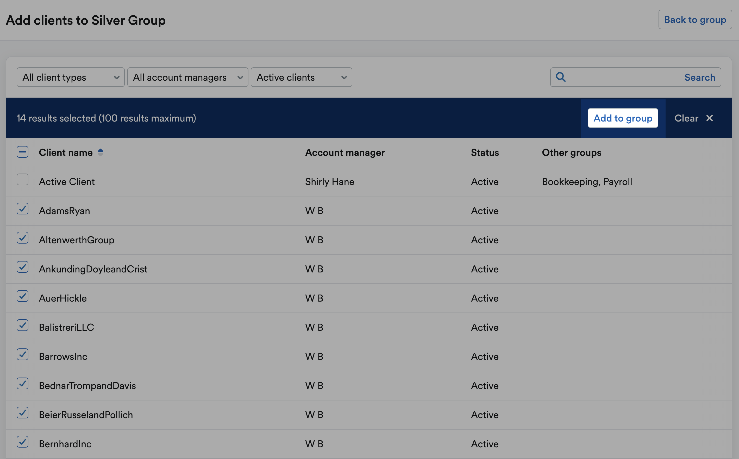 Add clients to new group page with multiple clients selected and a button to ‘Add to group’.