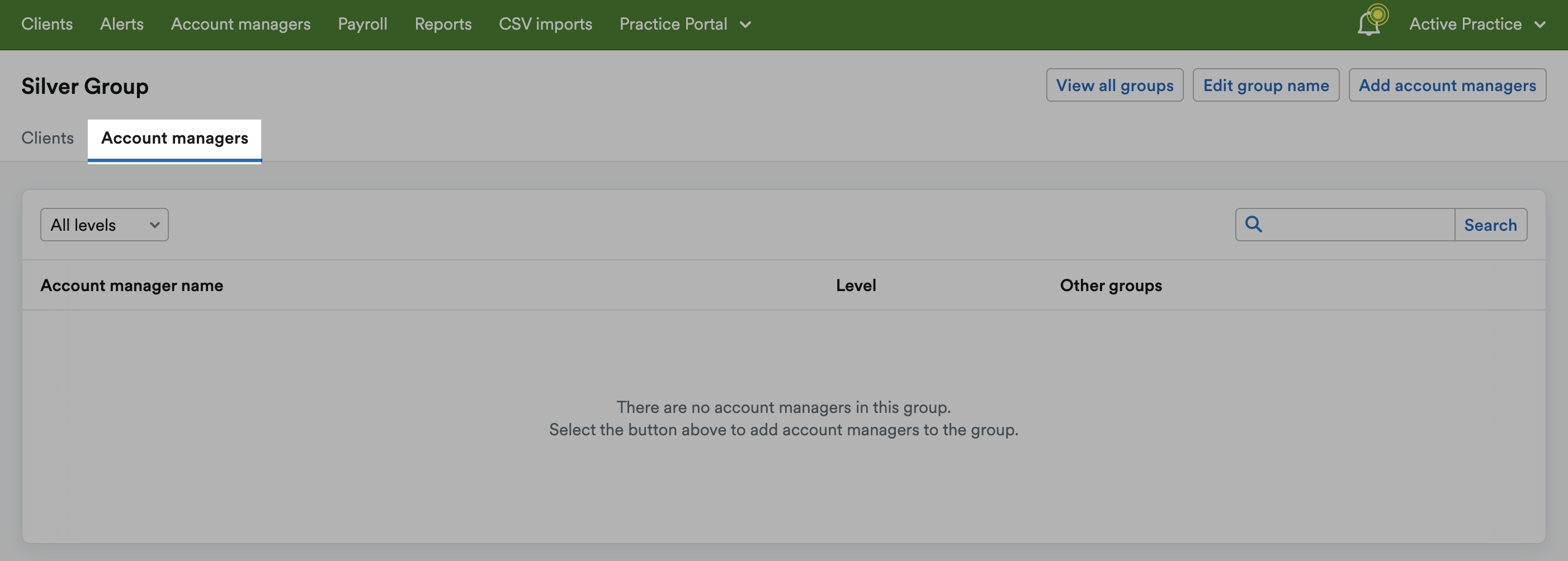‘Account managers’ tab highlighted on group page.