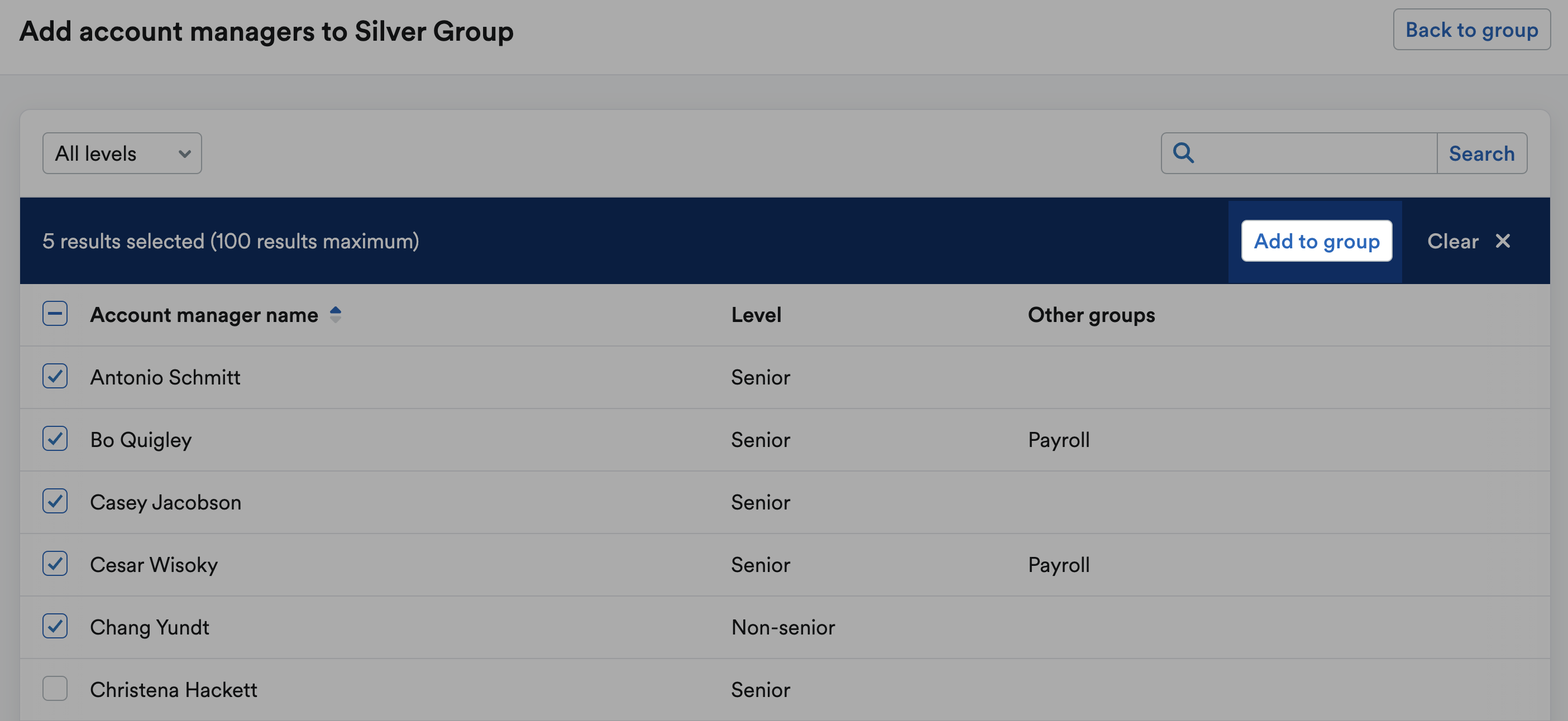 Add account managers to group page with multiple managers selected and a button for ‘Add to group’.