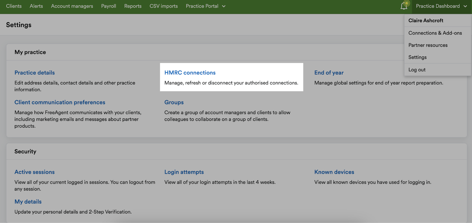 'HMRC connections' highlighted under My practice section.