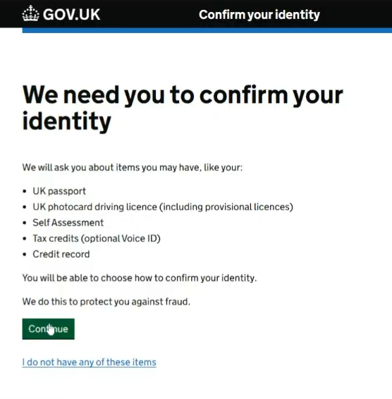 Gov.uk site telling user they need to confirm their identity.