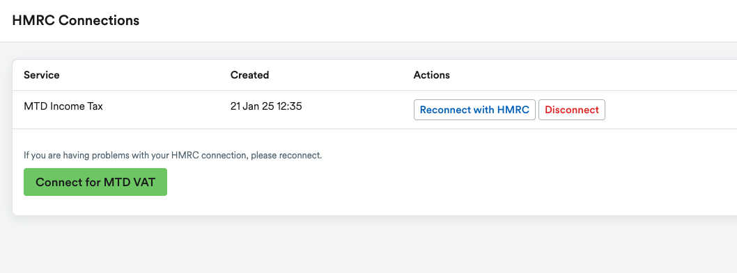 HMRC Connections page with button to 'Connect for MTD VAT'.