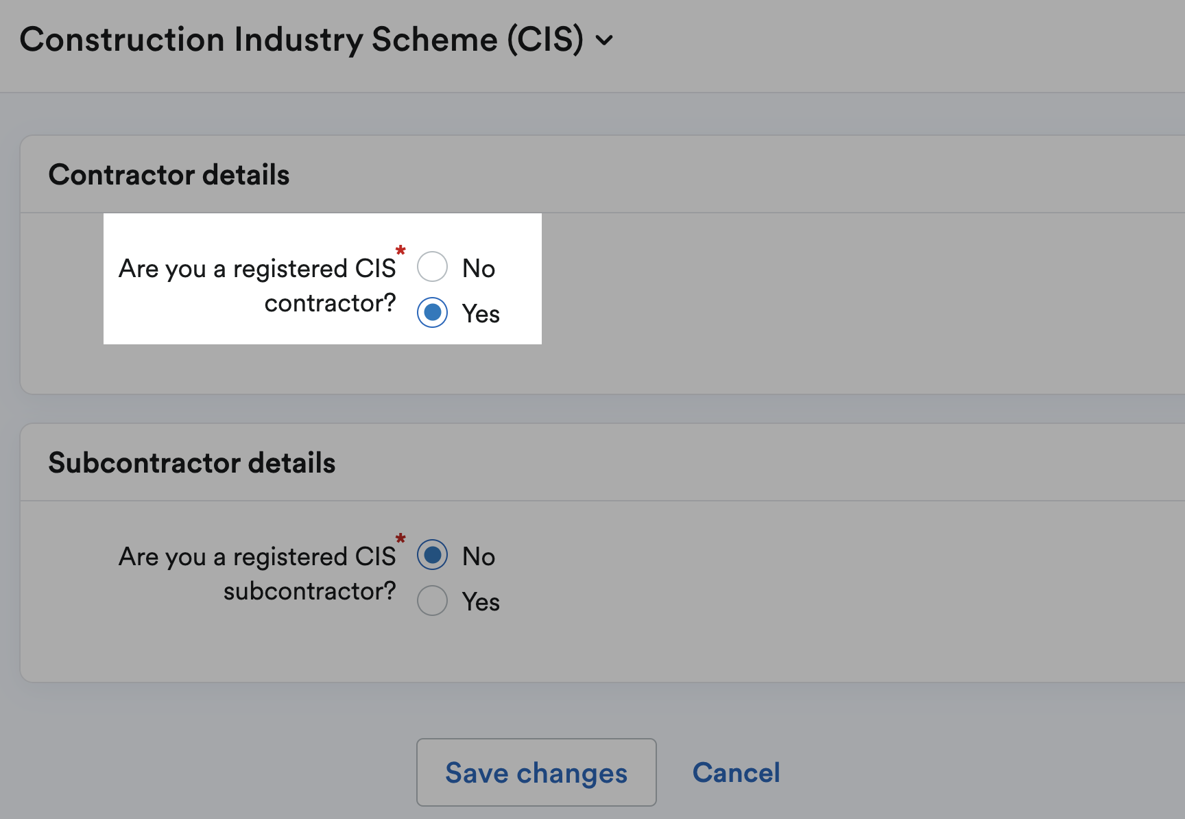 Contractor details section with option to register as contractor in FreeAgent