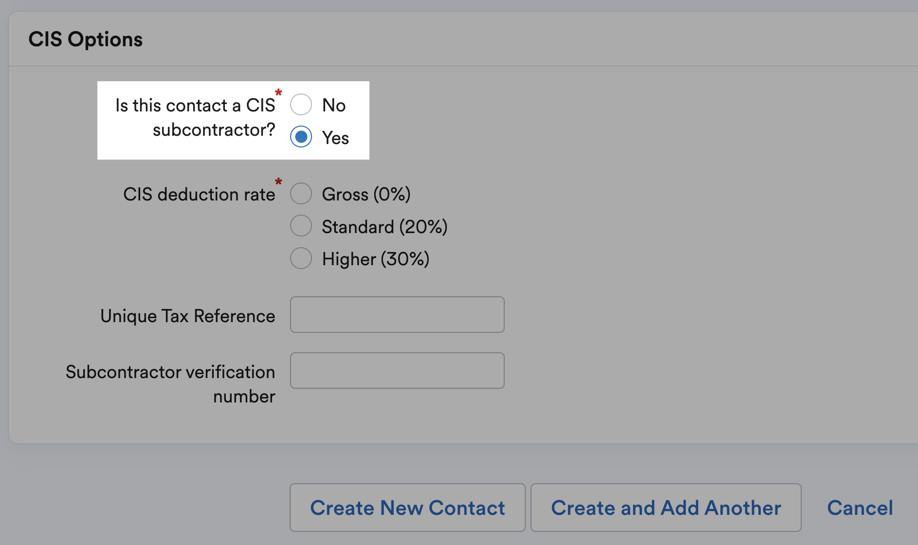 CIS options section for a contact with subcontractor option set to yes and highlighted