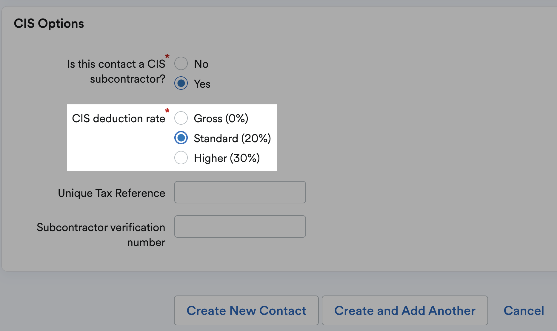 CIS deduction rates highlighted for a subcontractor contact