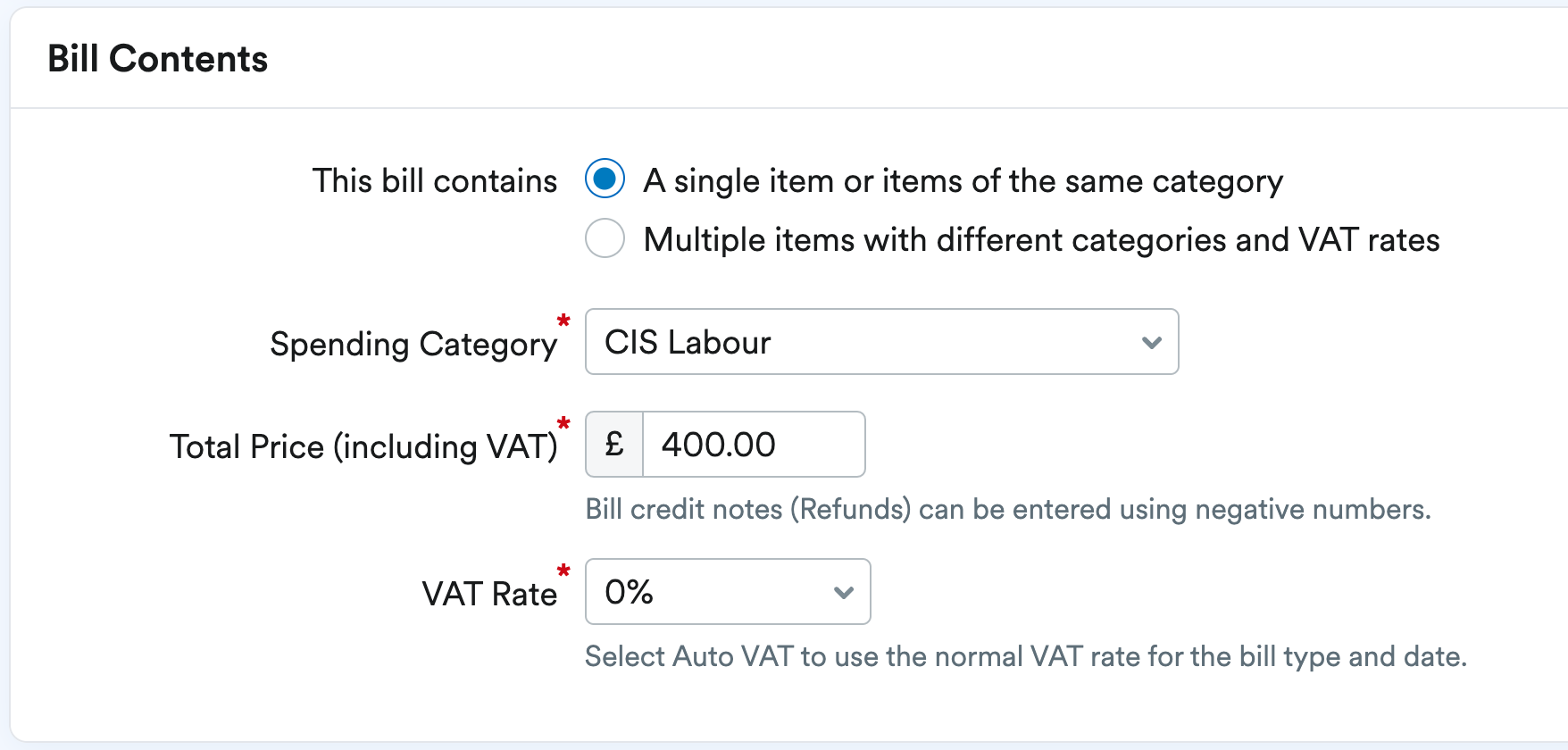 Example of bill being entered for £400 and CIS Labour as the spending category
