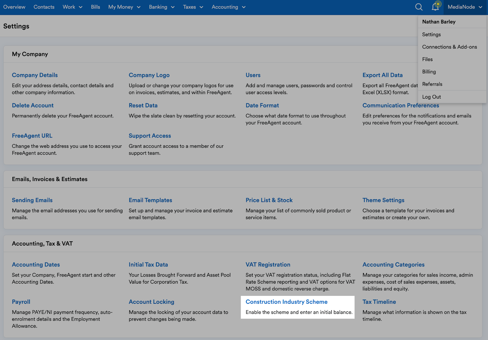 Construction Industry Scheme highlighted in Accounting, Tax and VAT section of Settings page.