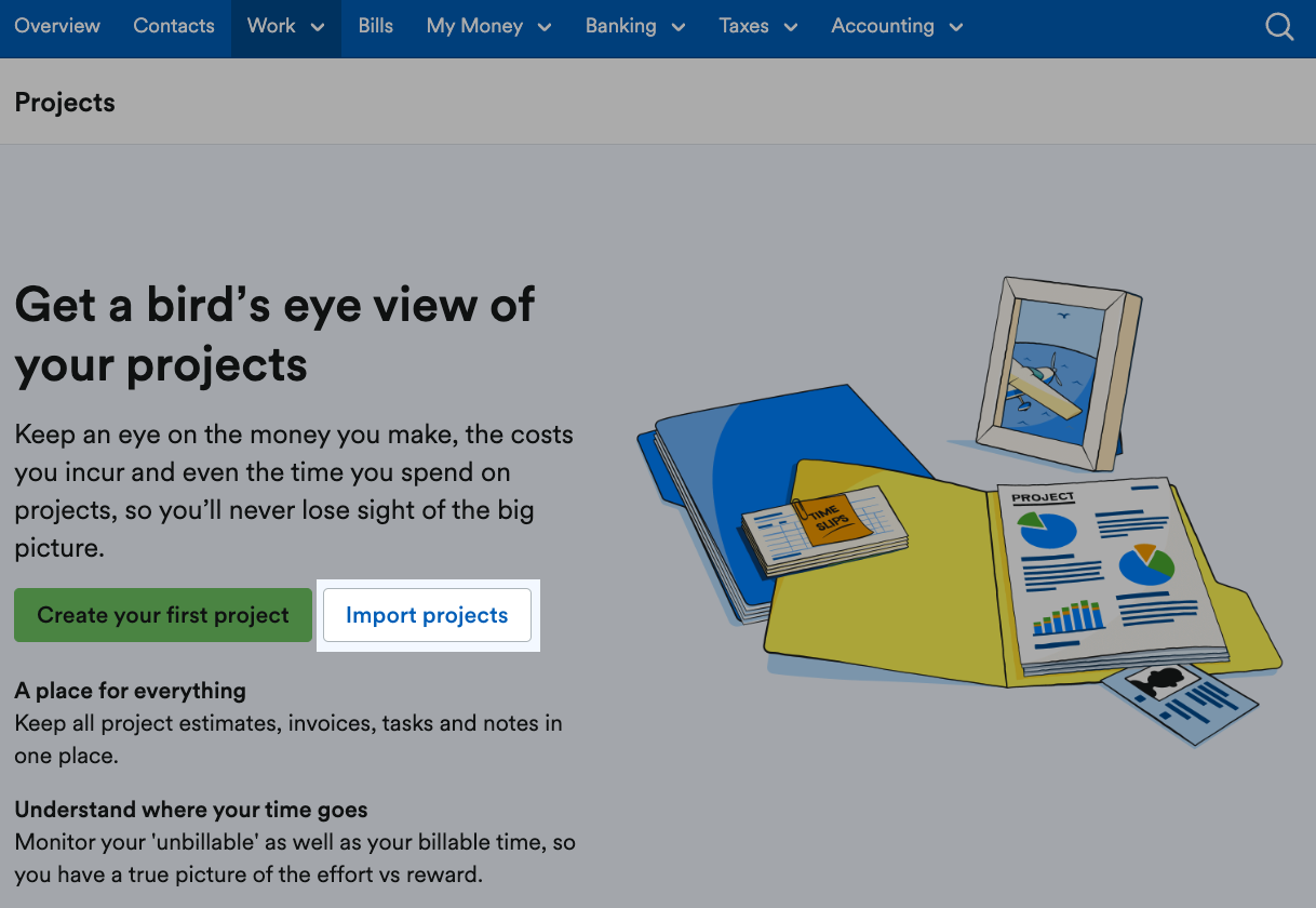 'Import projects' button highlighted on Projects page.