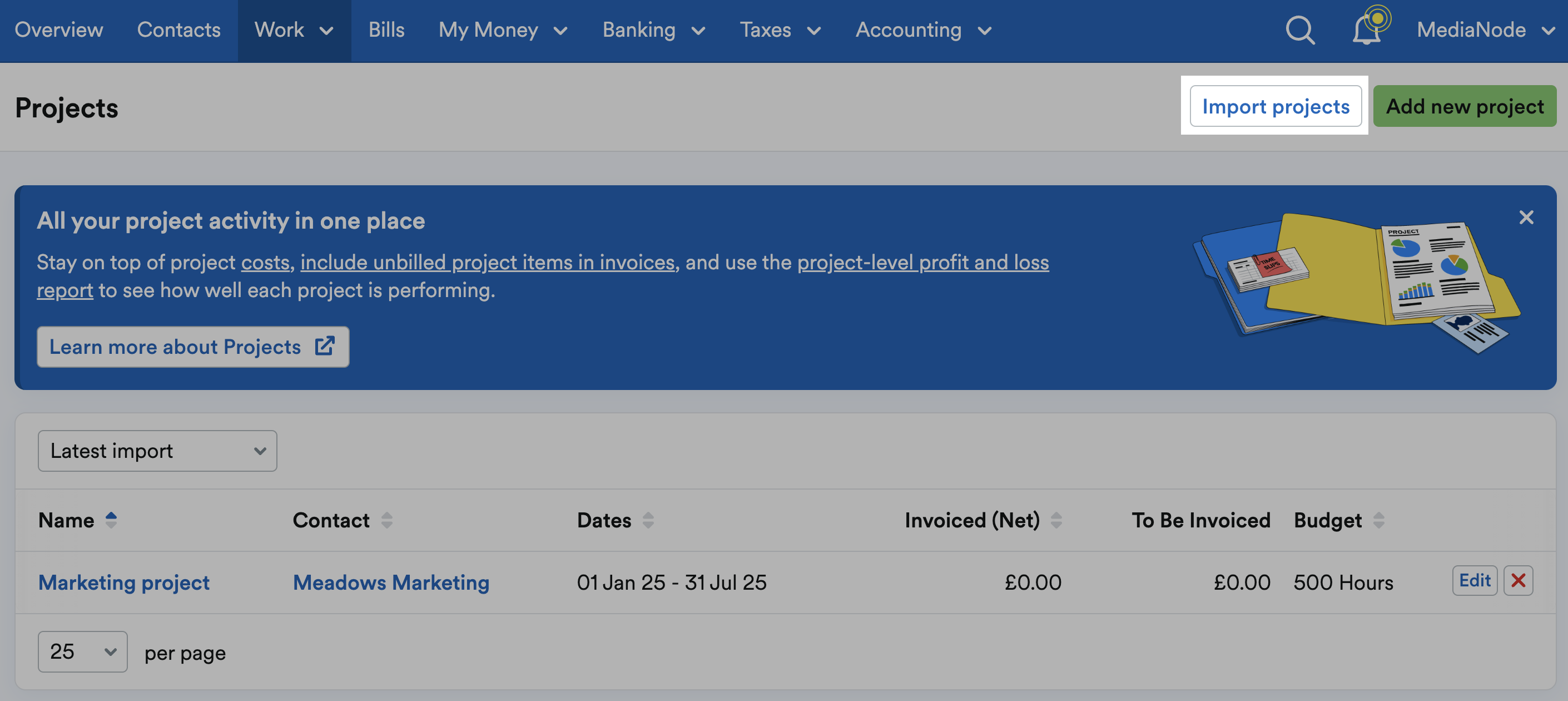 Projects screen with import projects button highlighted