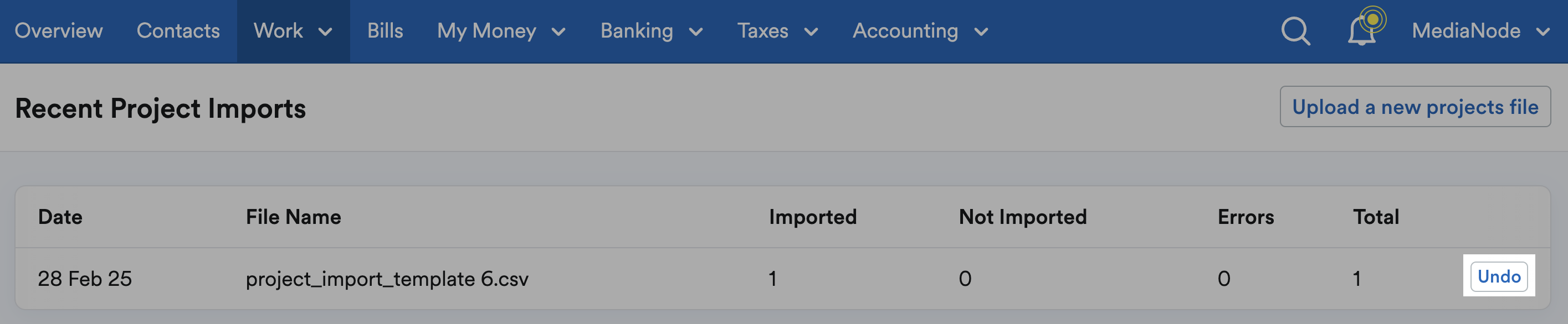 List of imported projects with undo button highlighted
