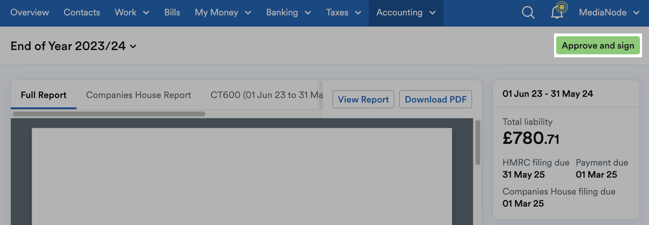 'Approve and sign' button highlighted above the report.