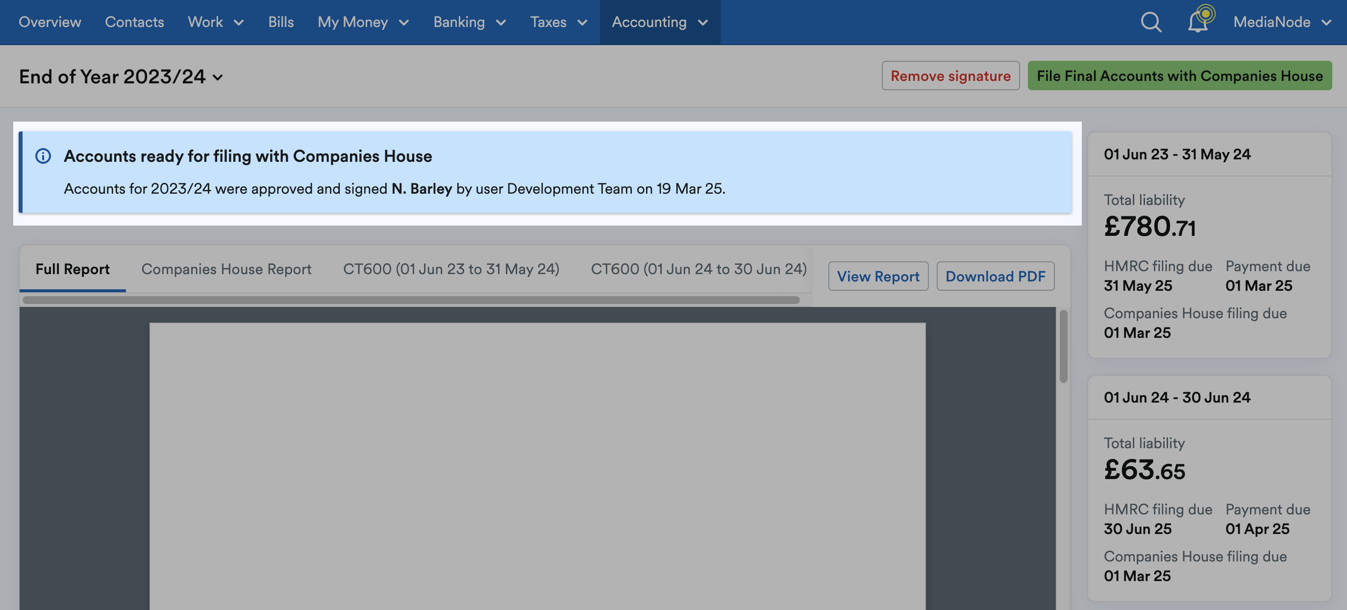 Message confirming accounts are ready for filing with Companies House highlighted above the report.