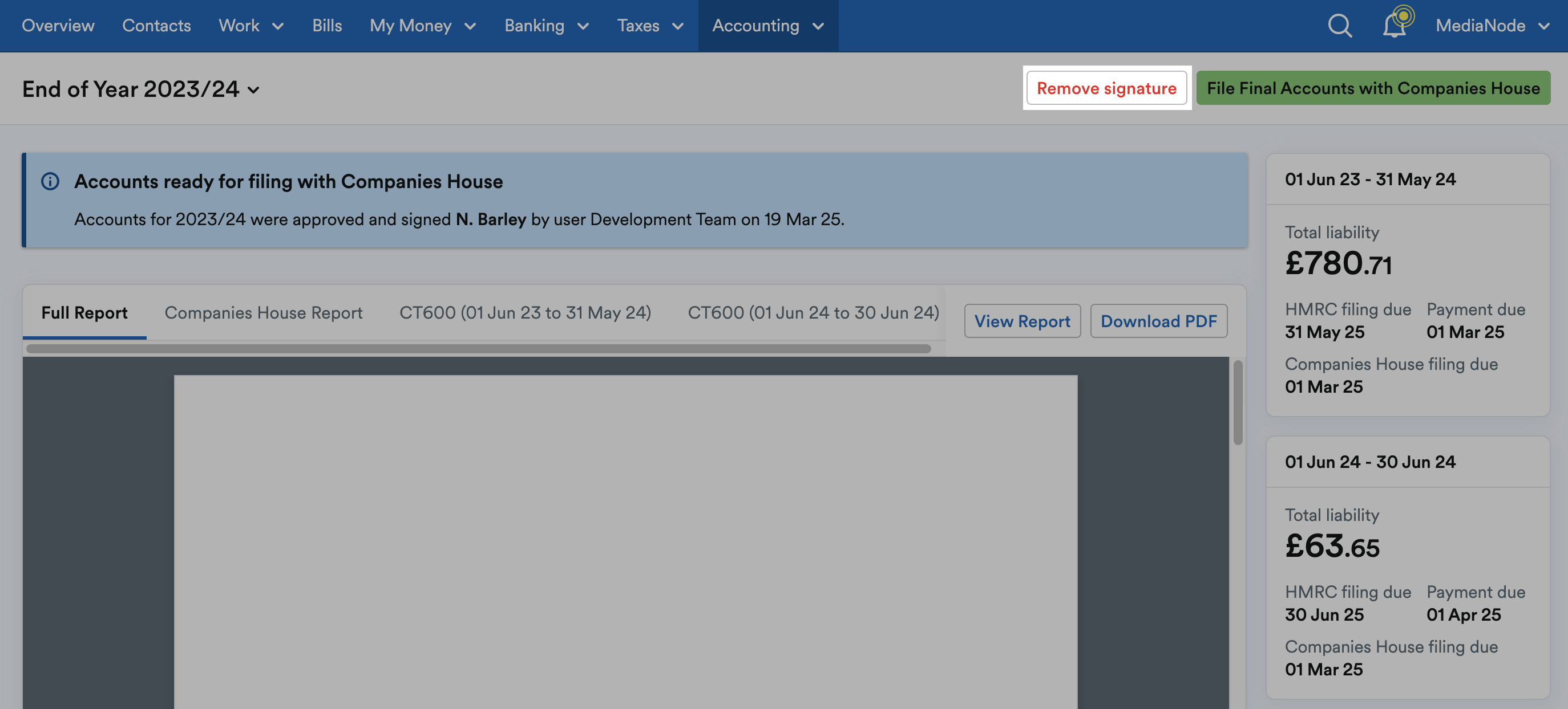 'Remove signature' button highlighted above the report.