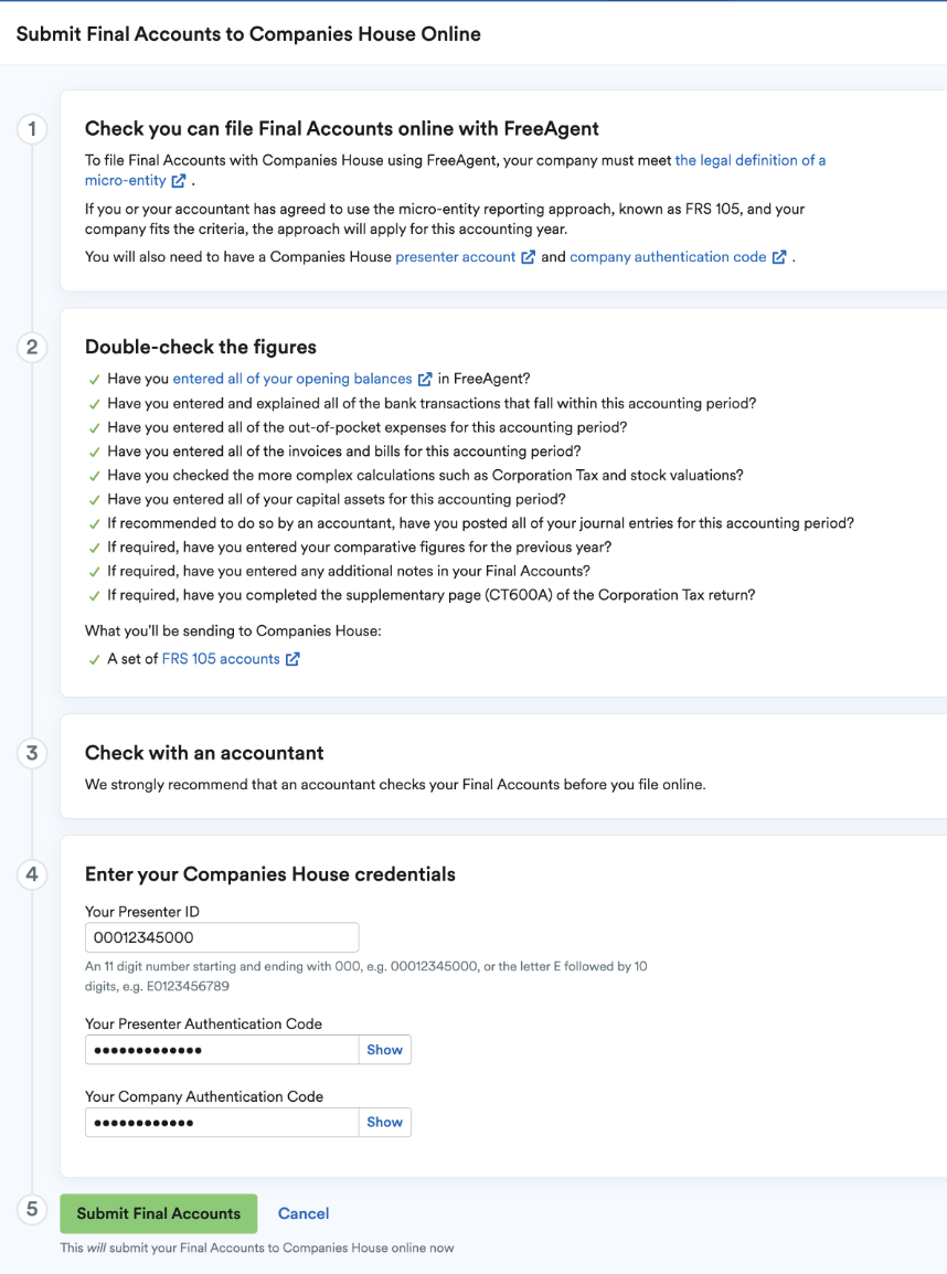 Submit Final Accounts to Companies House online page with numbered checklist.