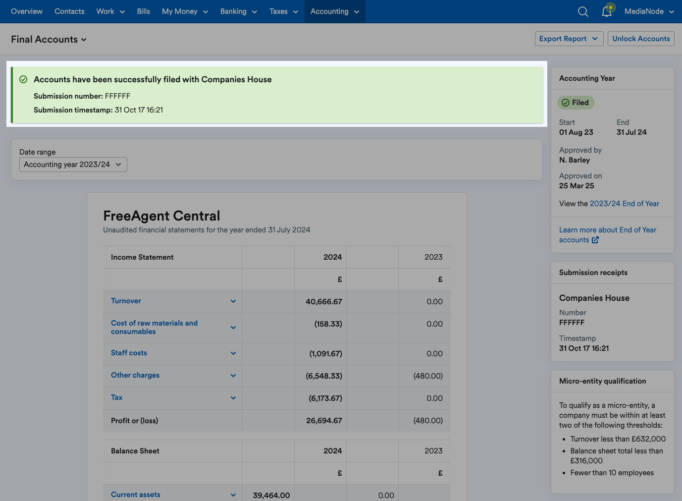 Notification window highlighted saying that 'Accounts have been successfully filed with Companies House'.