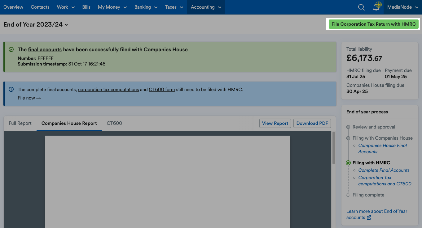 'File Corporation Tax Return with HMRC' button highlighted.