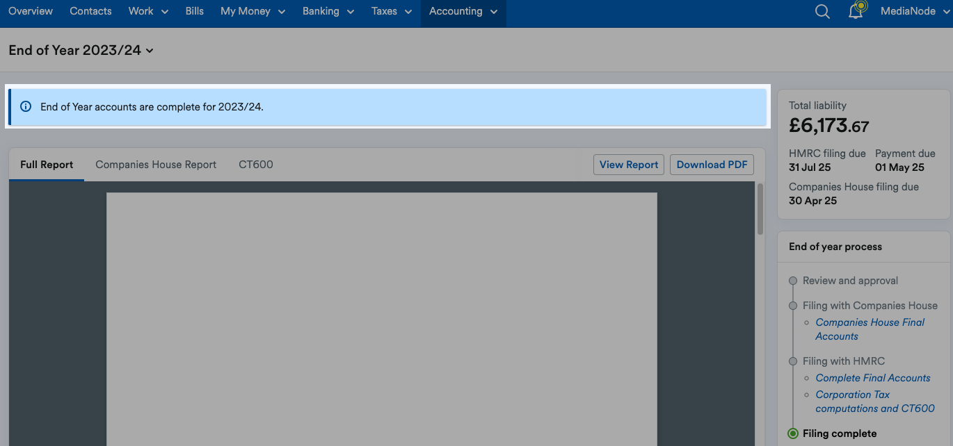 Notification window highlighted saying that 'End of Year accounts are complete'.