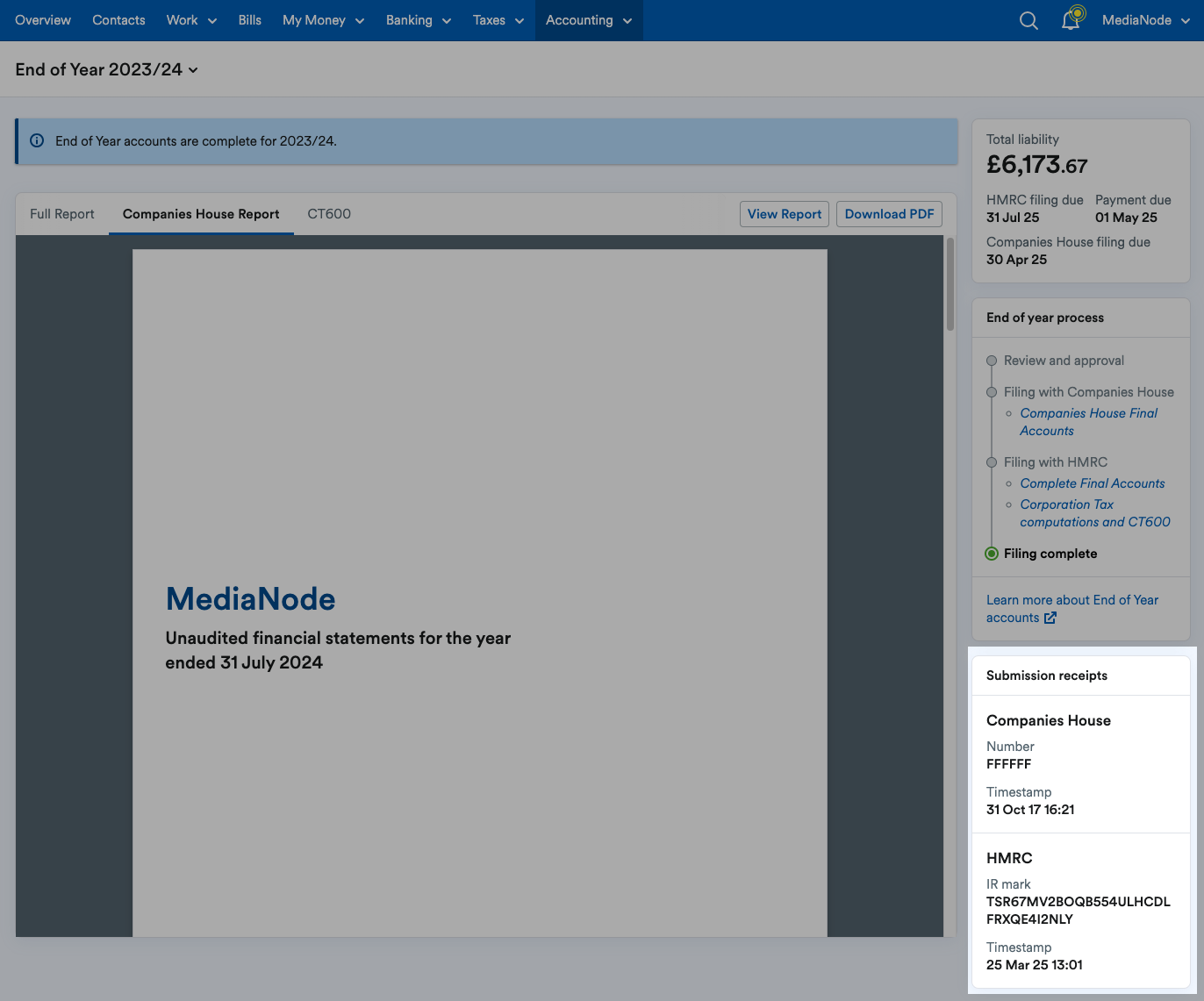 Submission receipts side panel highlighted.