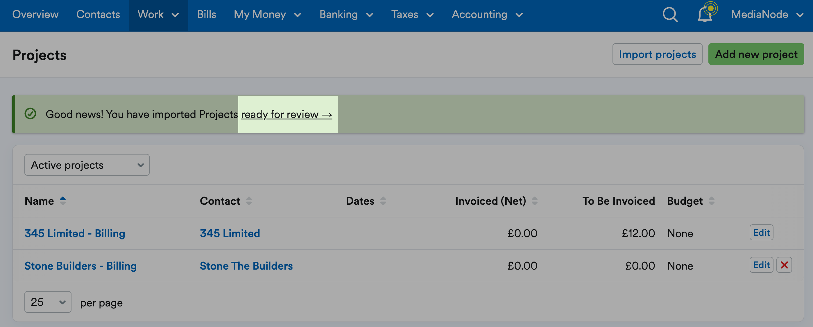 Link for 'ready for review' highlighted on Projects page.