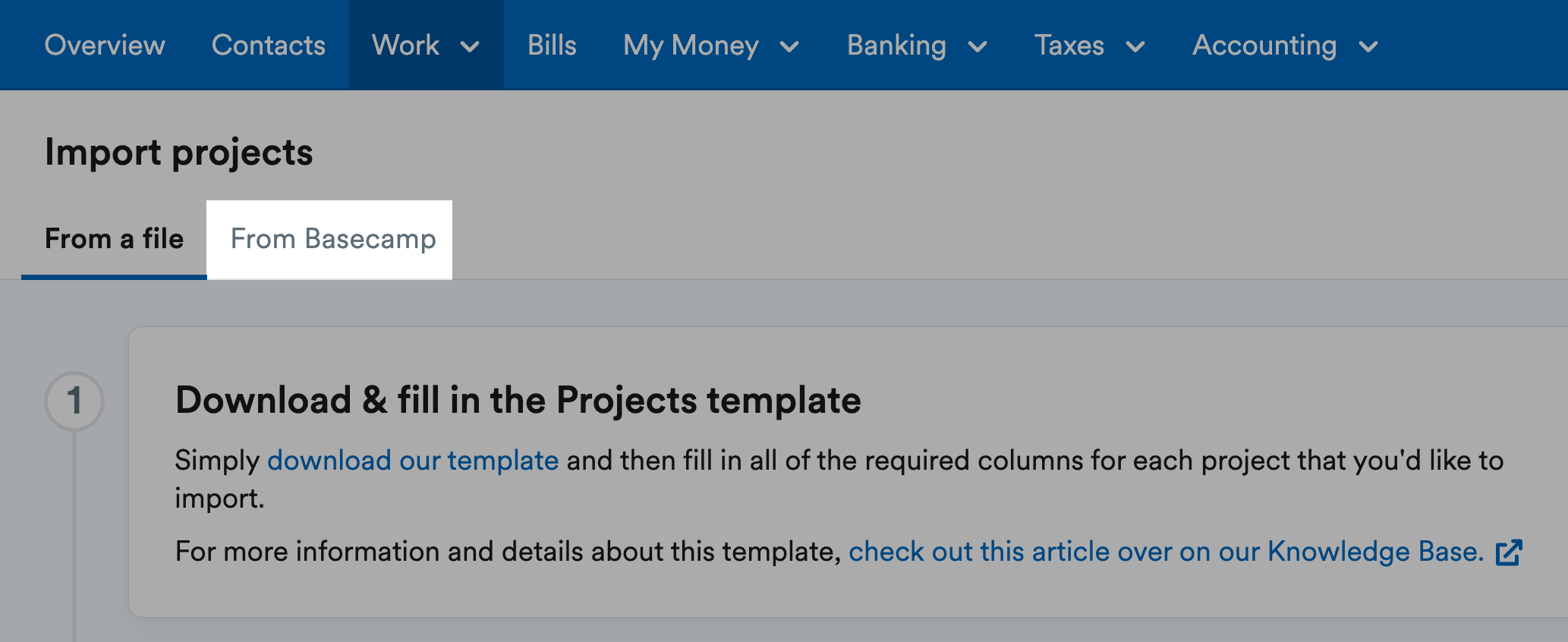 'From Basecamp' tab highlighted on Import projects page.