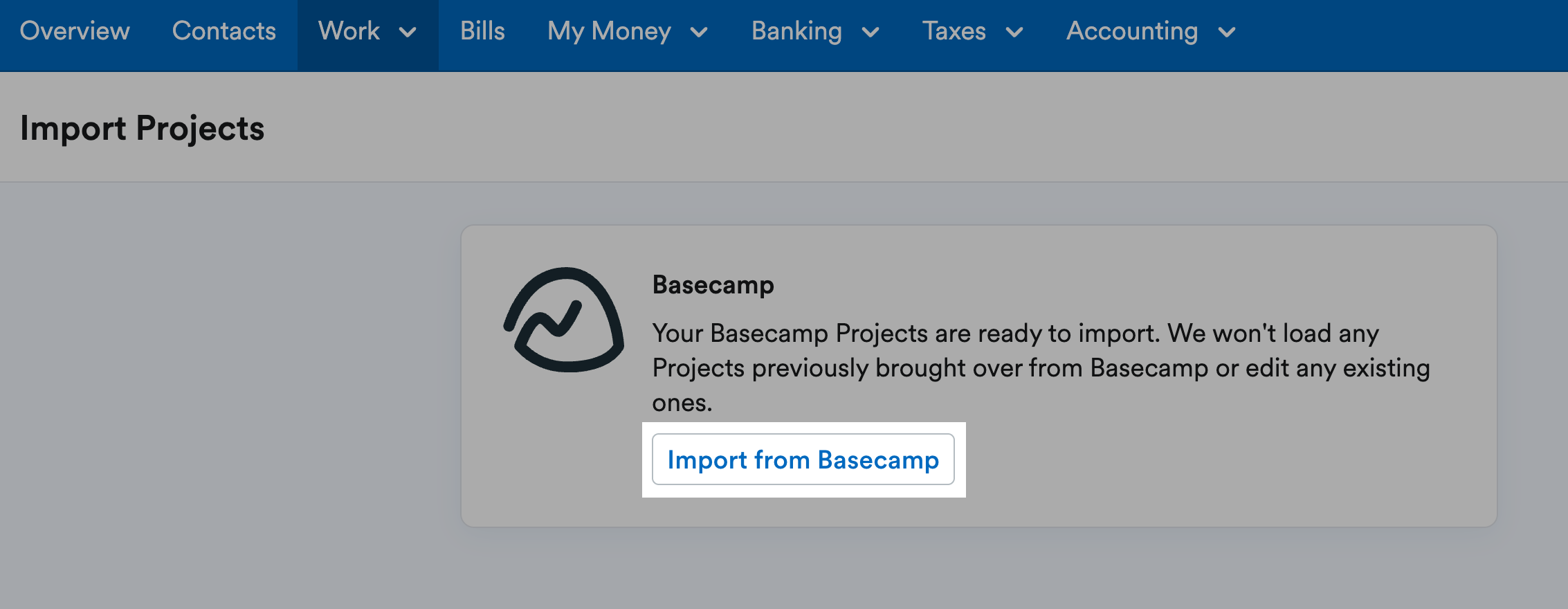 'Import from Basecamp' button highlighted on Import Projects page.
