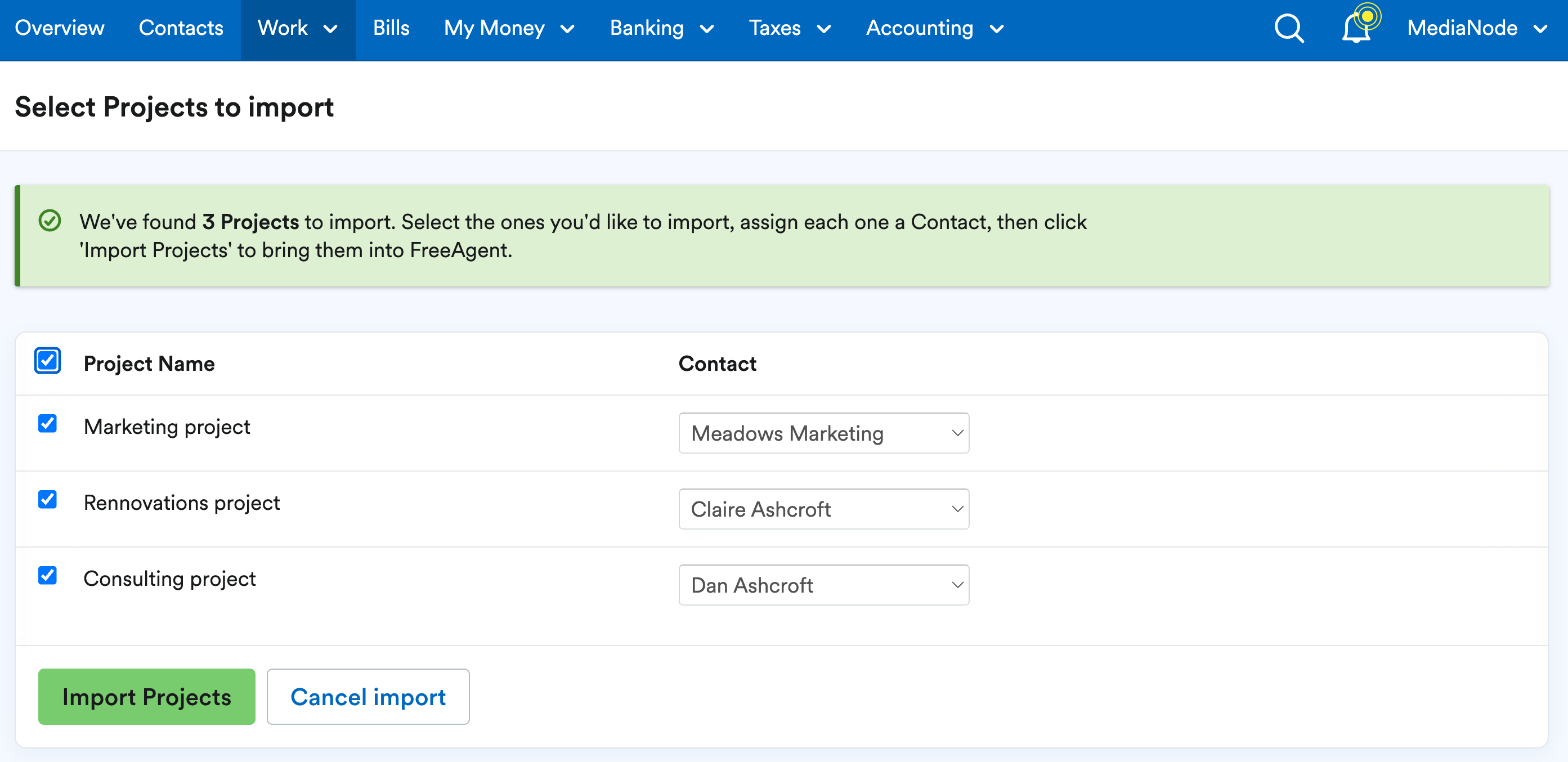 'Select Projects to import' page with an 'Import Projects' button.