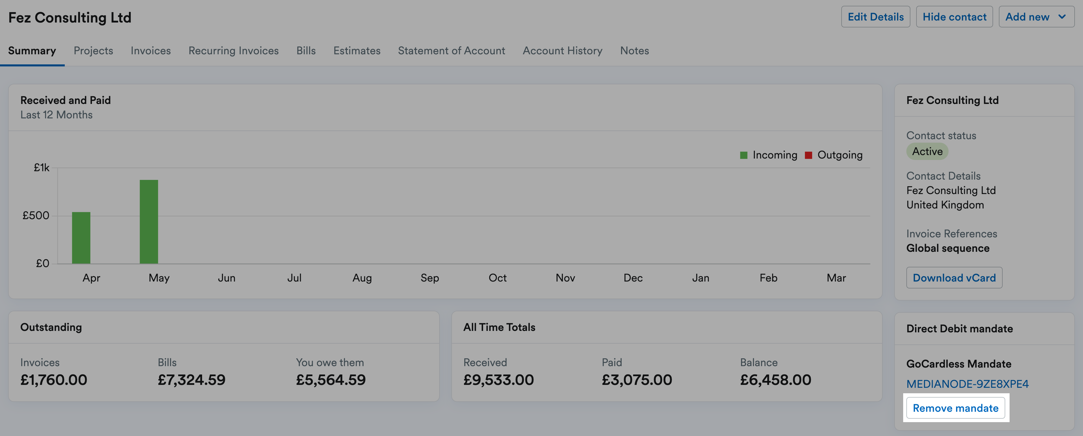 contact profile with remove mandate button highlighted