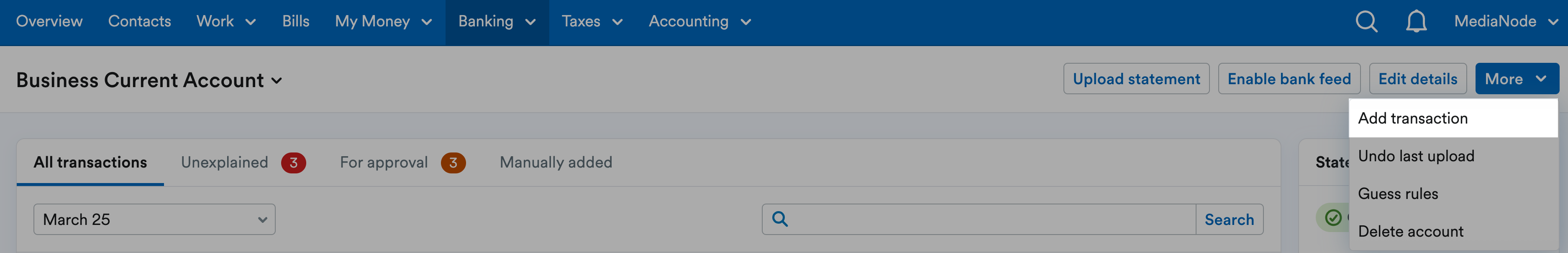 Add transaction highlighted in more drop-down menu